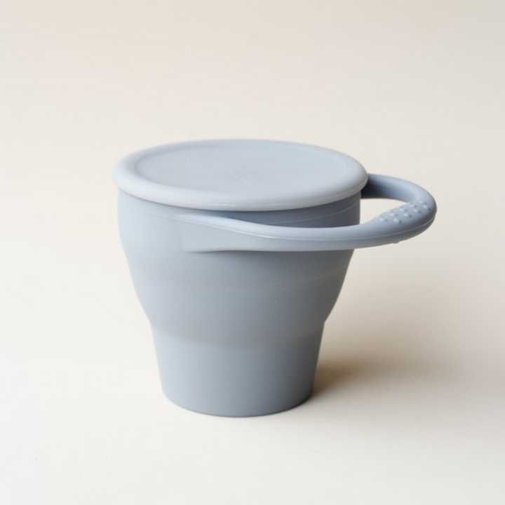 LIttleCHEW blue silver grey silicone foldable toddler snack cup with hand and lid