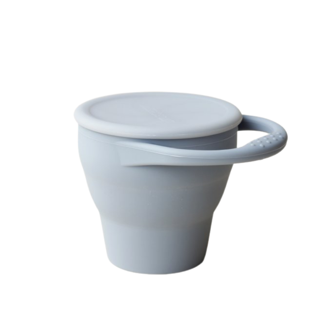 LIttleCHEW blue silver grey silicone foldable toddler snack cup with hand and lid