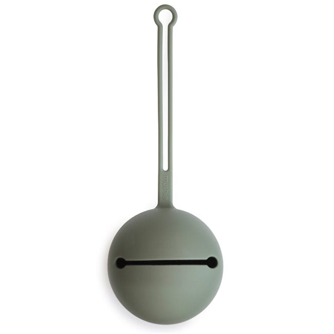 Spherical thyme green dummy case ball with opening and string attachment carry case Mushie
