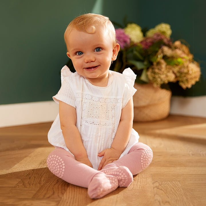 GoBabyGo teddy cotton crawling tights winter with non-slip pads in dusty rose pink blush