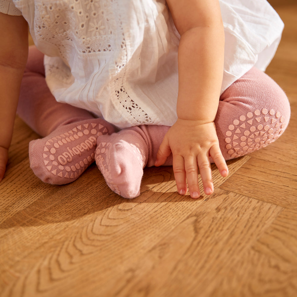 GoBabyGo teddy cotton crawling tights winter with non-slip pads in dusty rose pink blush