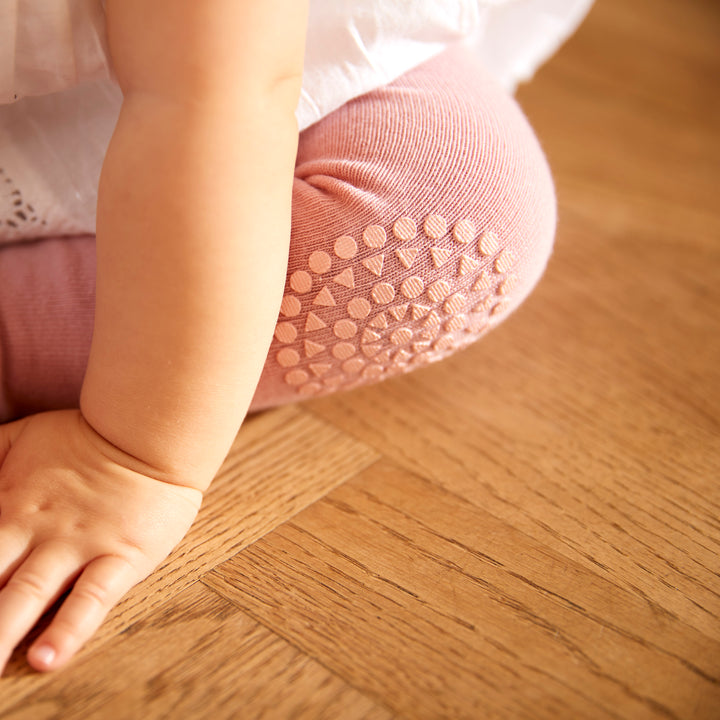 GoBabyGo teddy cotton crawling tights winter with non-slip pads in dusty rose pink blush