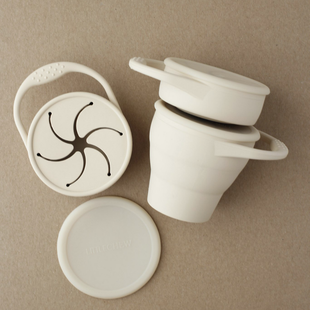 Creme beige little chew silicone snack cup with lid with handle for toddler snacks