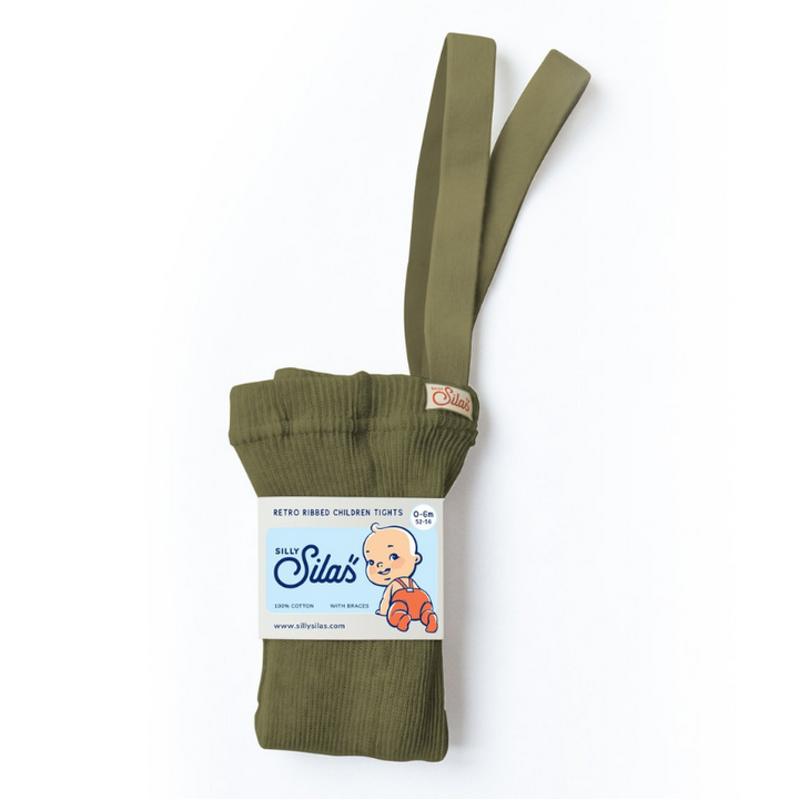 Silly Silas olive green cotton ribbed tights with braces/suspenders