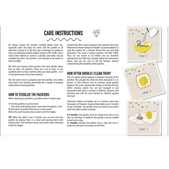 BIBS dummy pacifier care sterilising, sterilizing cleaning instructions