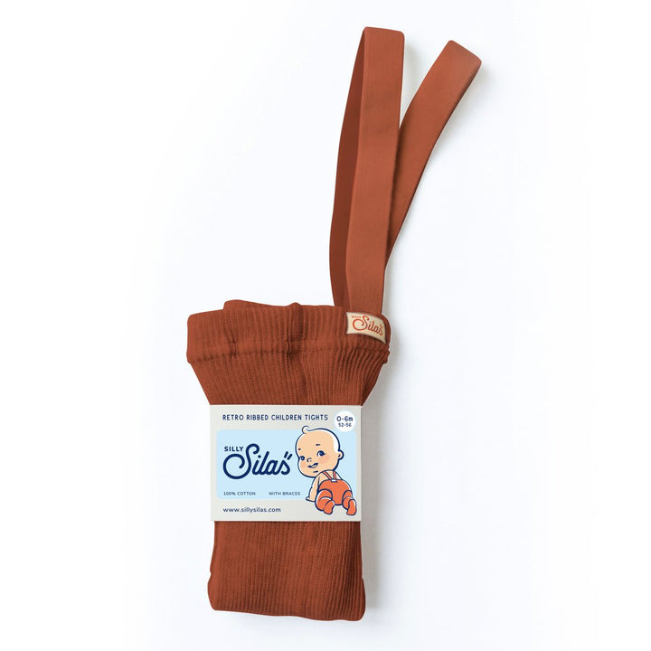Silly Silas brown  cinnamon rust cotton ribbed tights with braces/suspenders