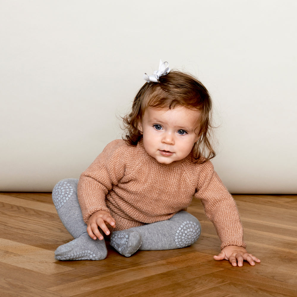 GoBabyGo wool non-slip crawling tights with rubber pads for toddler baby in grey