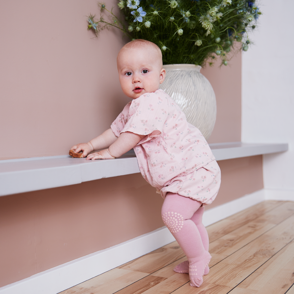 GoBabyGo teddy cotton crawling tights winter with non-slip pads in dusty rose pink blush