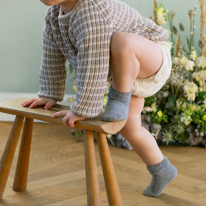 GoBabyGo cotton Terry non-slip socks with rubber pads in light grey melange