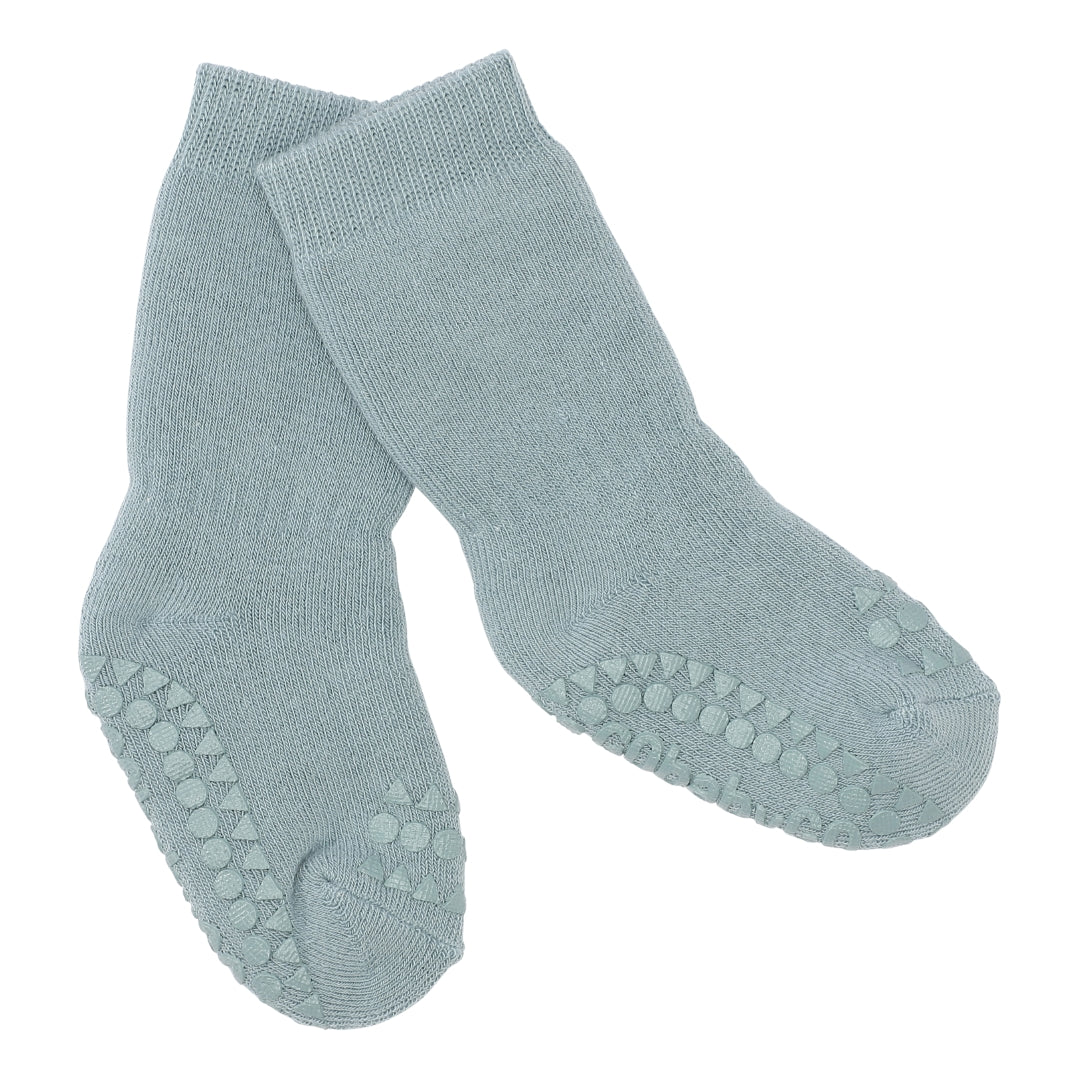 GoBabyGo cotton Terry non-slip socks wit rubber pads in dusty light baby blue beige