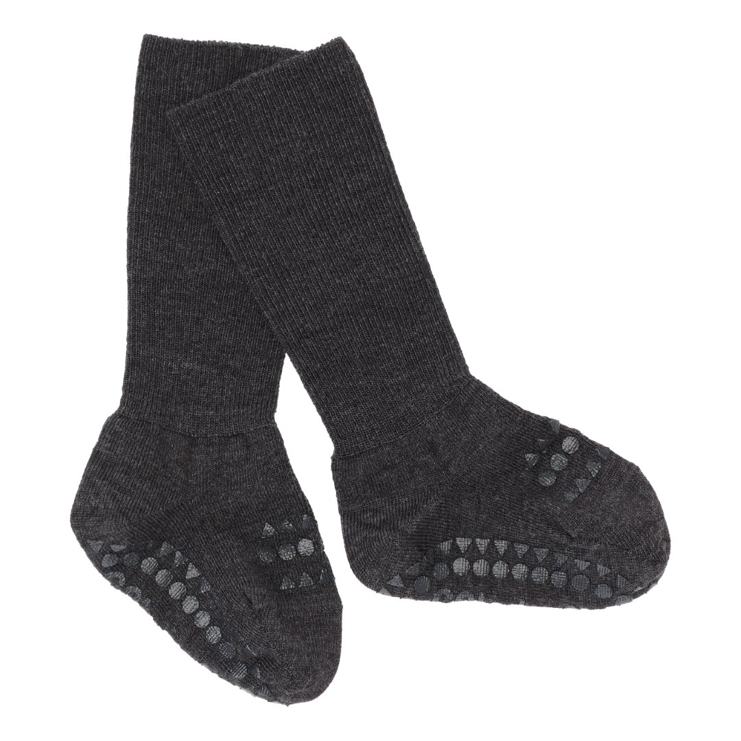 GoBabyGo Non-slip Wool winter socks for babies and toddler with rubber pads in dark grey black