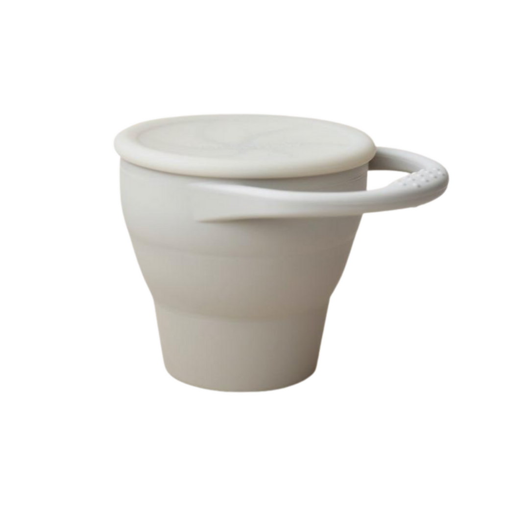 Creme beige little chew silicone snack cup with lid with handle for toddler snacks