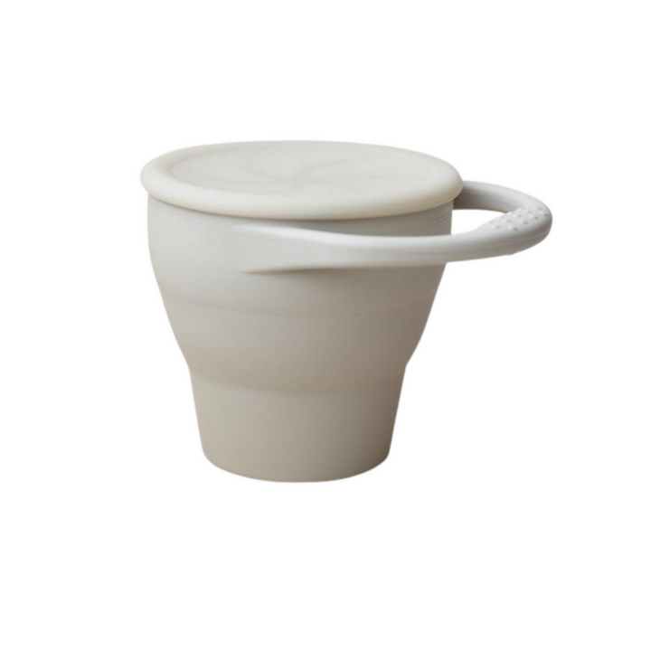 Creme beige little chew silicone snack cup with lid with handle for toddler snacks