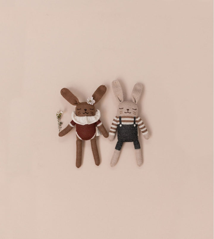 Main sauvage bunny soft toy in blackk overalls baby gift
