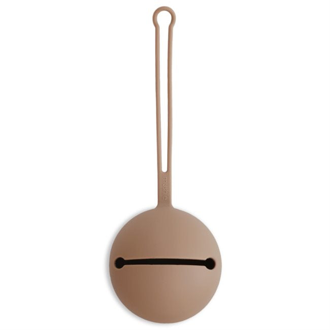 Spherical taupe rose dummy case ball with opening and string attachment carry case Mushie
