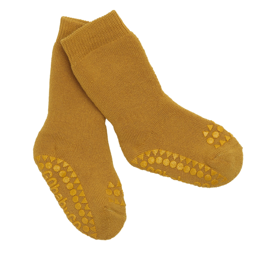 GoBabyGo cotton Terry non-slip socks with rubber pads in mustard yellow