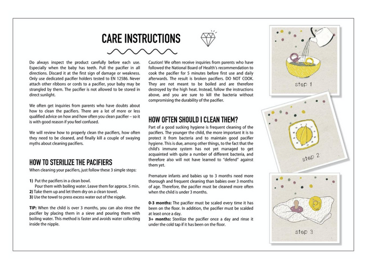BIBS dummy pacifier care sterilising, sterilizing cleaning instructions