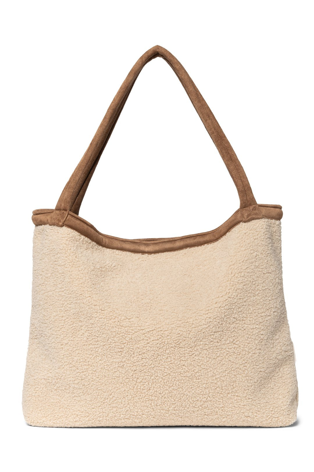 Large shopper bag with handles white off-white beige ecru teddy boucle fabric with brown handles