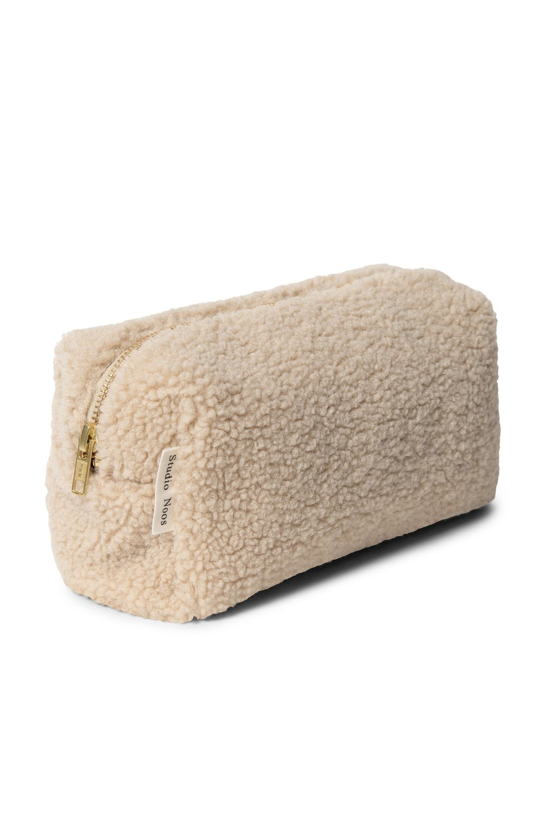 Ecru off-white beige teddy pouch with gold zip