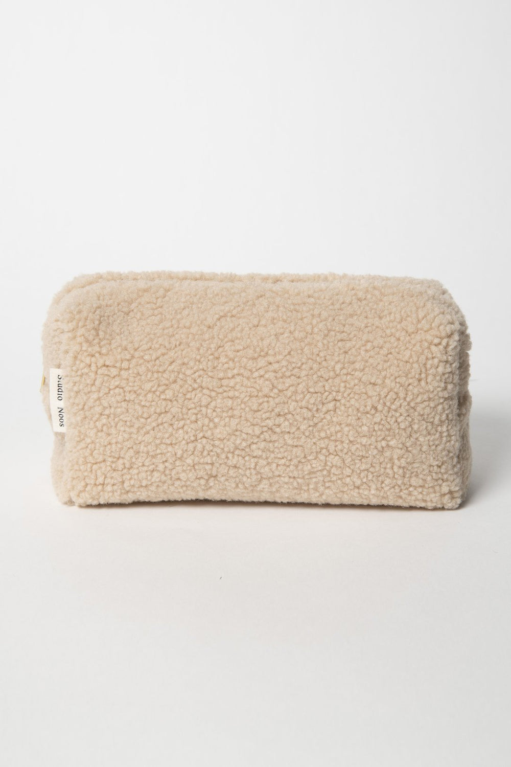 Ecru off-white beige teddy pouch with gold zip