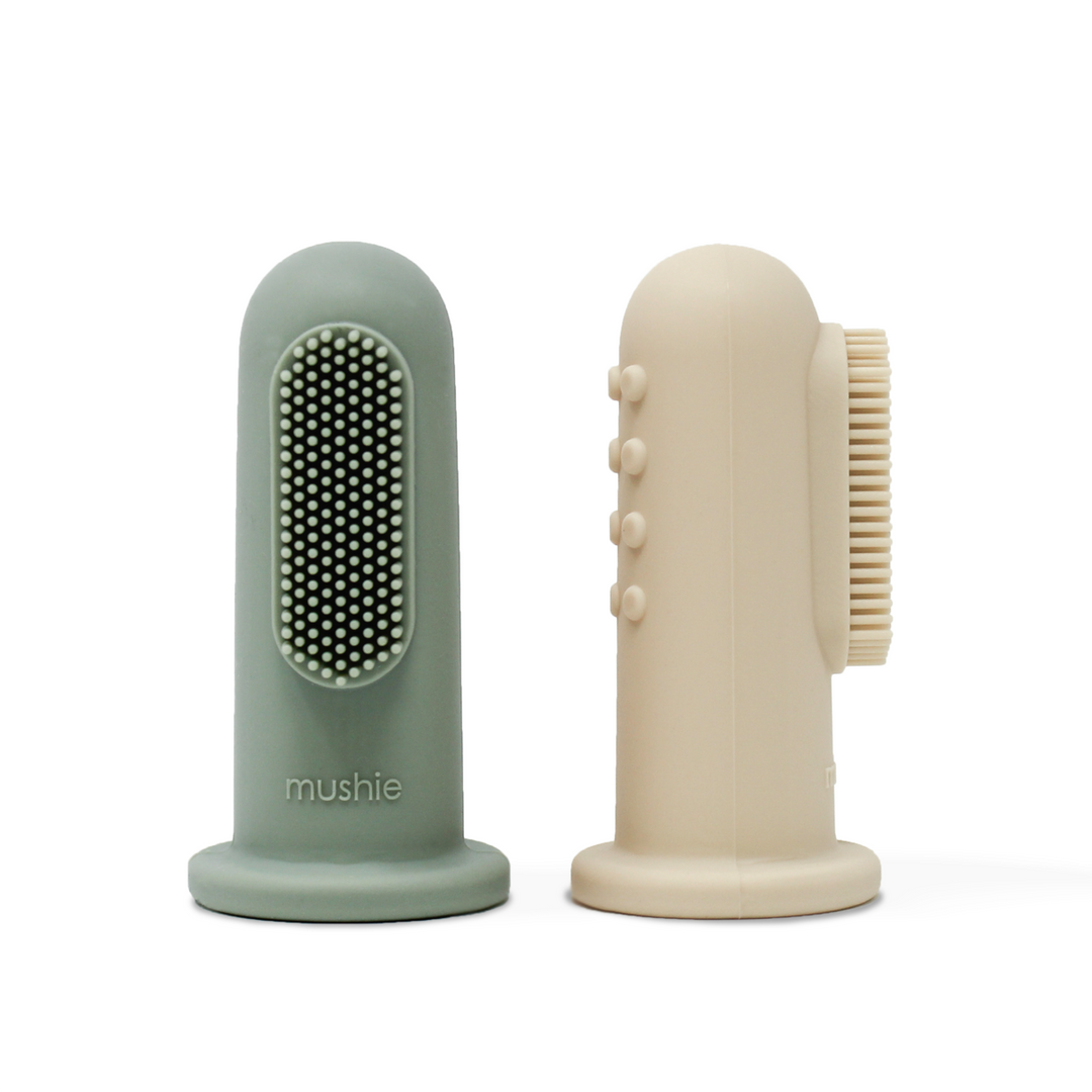 Green and beige baby  finger toothbrush 