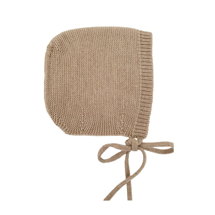Light brown, maple, beige sand coloured knitted baby bonnet with tie