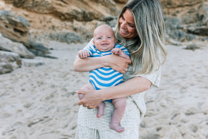 Grown blue striped baby boy bodysuit romper