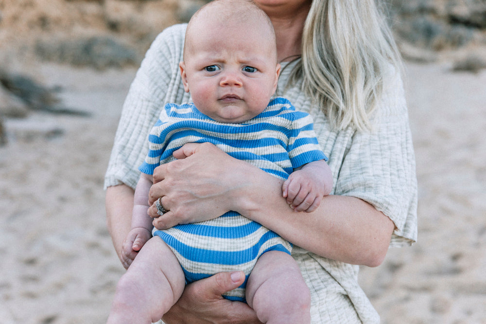 Grown blue striped baby boy bodysuit romper