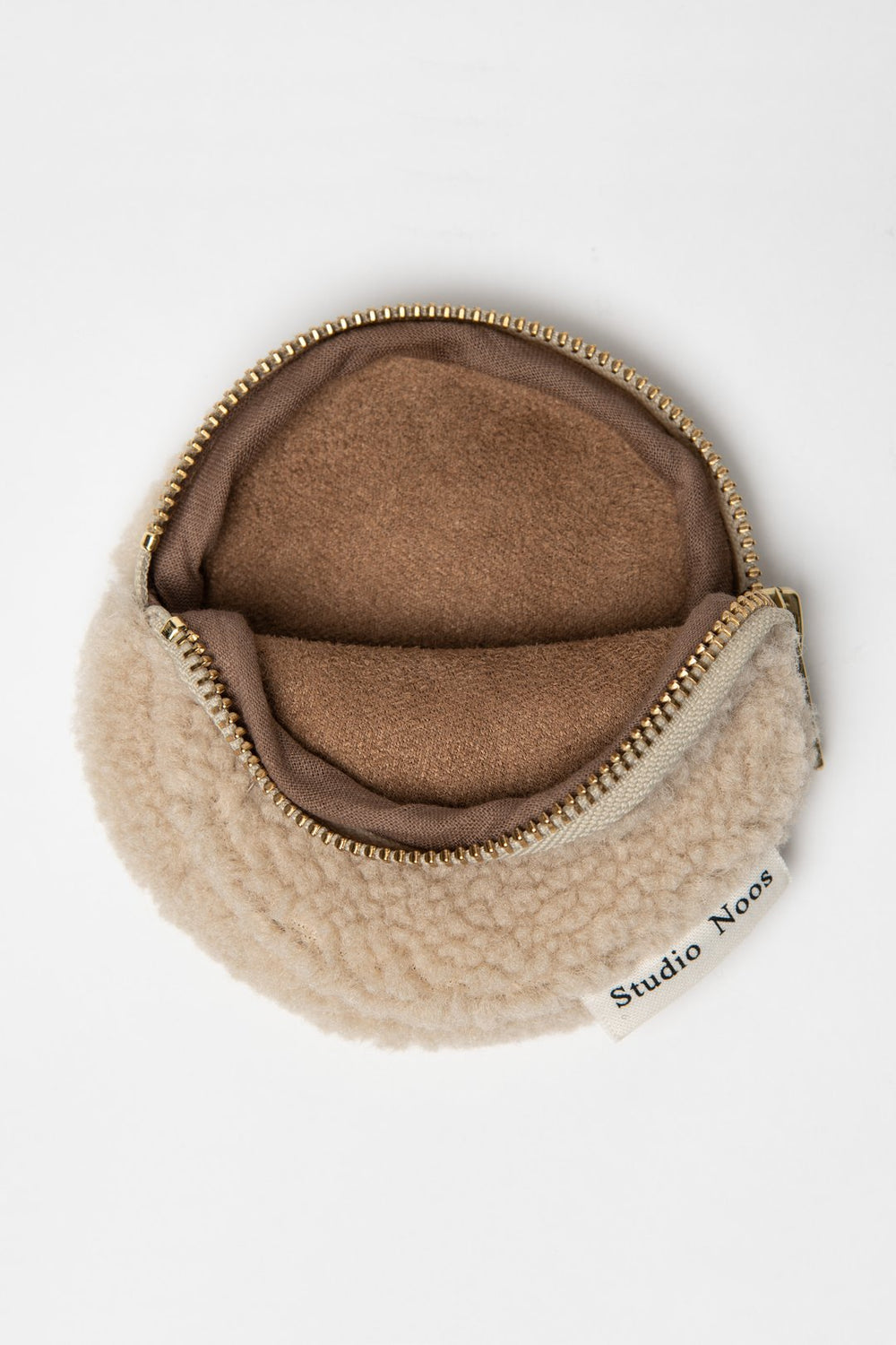 Beige ecru sand round teddy wallet coin purse pouch with gold zip