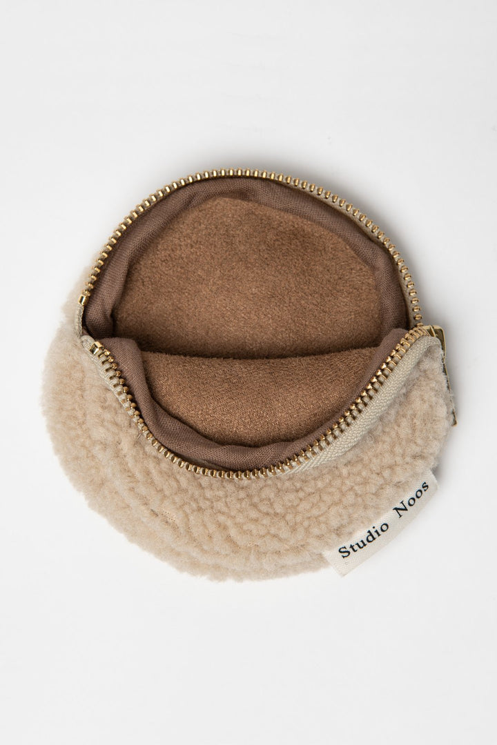 Beige ecru sand round teddy wallet coin purse pouch with gold zip