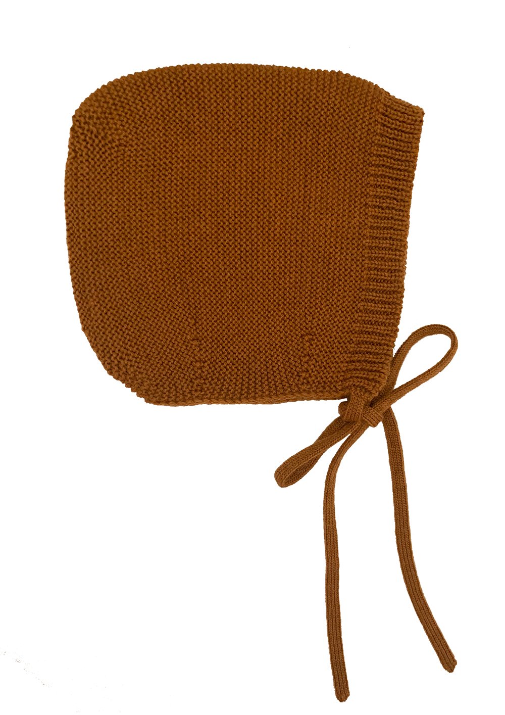 Rust brown knitted baby bonnet with tie