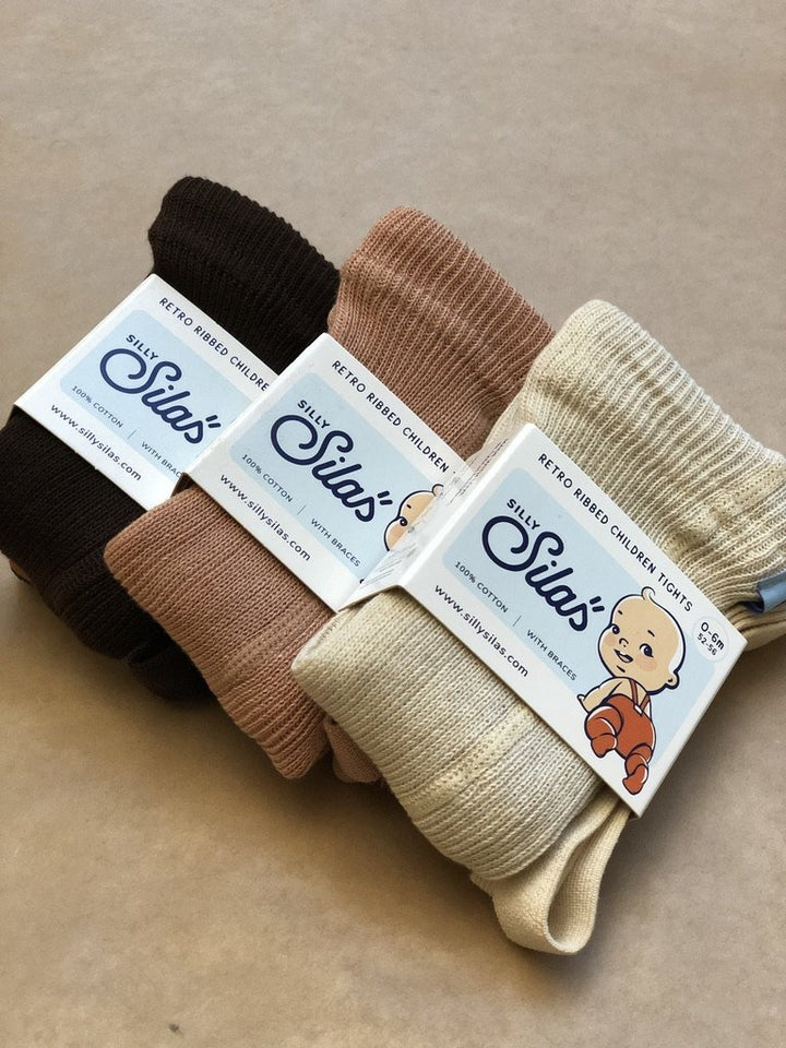 Silly Silas brown, beige, cream, off-white and light brown  cotton ribbed tights with braces/suspenders