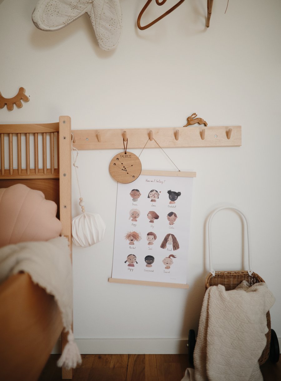 Poster with feelings emotions illustrations in birch picture frame hanging in kidsroom