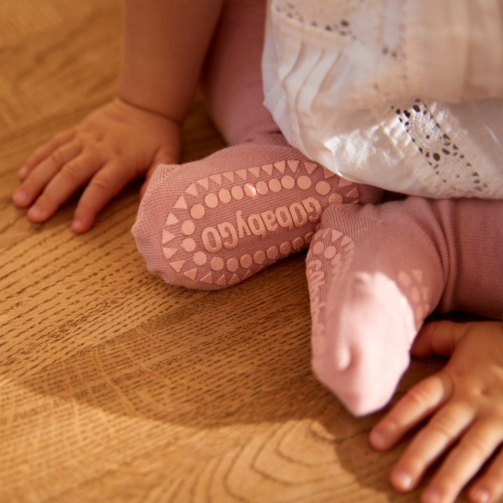 GoBabyGo teddy cotton crawling tights winter with non-slip pads in dusty rose pink blush