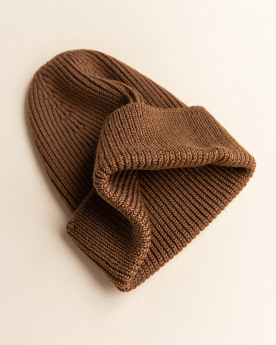 Hvid Knitwear Merino Wool Rib Winter Beanie Hat for Kids and Toddlers in chocolate brown