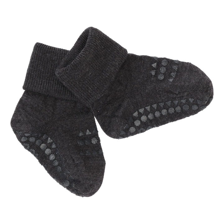 GoBabyGo Non-slip Wool winter socks for babies and toddler with rubber pads in dark grey black
