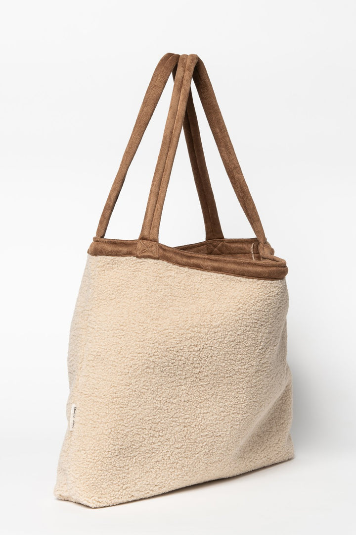 Large shopper bag with handles white off-white beige ecru teddy boucle fabric with brown handles