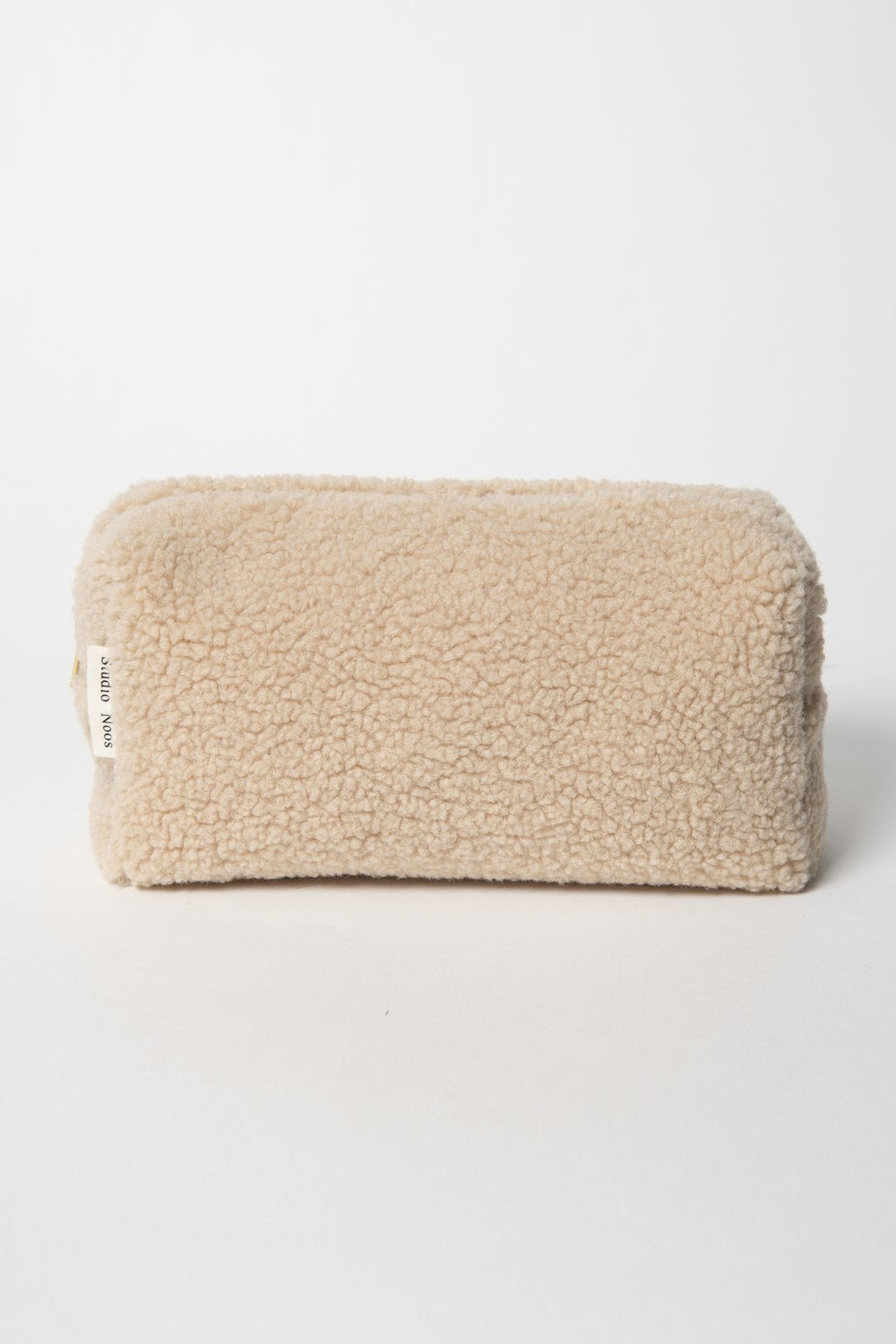 Ecru off-white beige teddy pouch with gold zip 