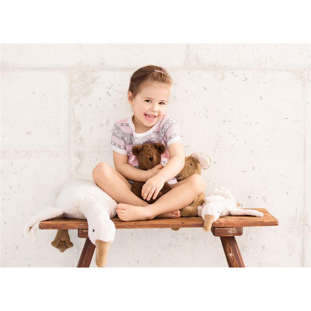 girl sitting on wooden bench cuddling soft toy teddy bear and white soft toy plush animal Senger goose