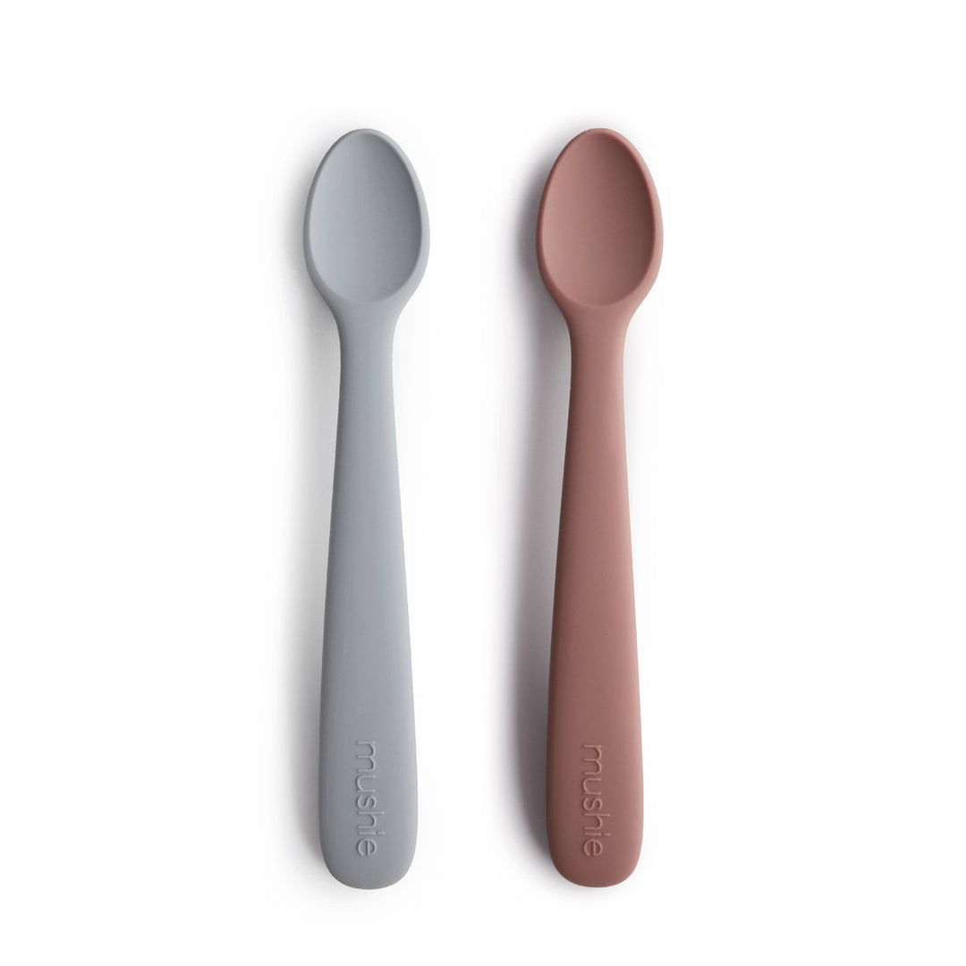 Silicone feeding spoon set in grey stone blue and red natural mauve