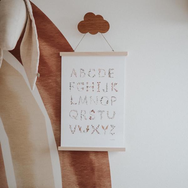Alphabet poster, floral letters in hanging frame in nursery