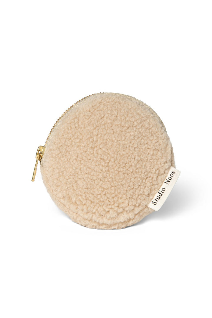 Beige ecru sand round teddy wallet coin purse pouch with gold zip 