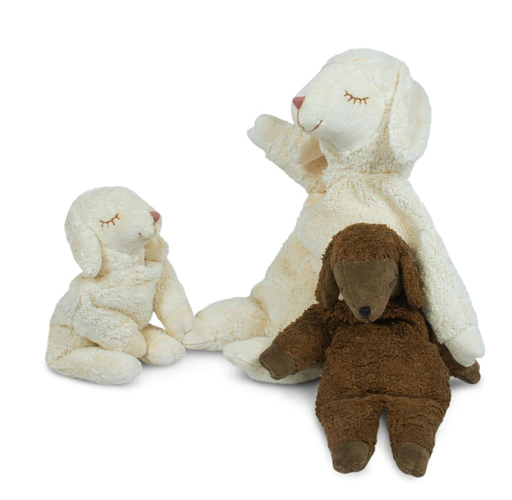 Group of three sheep lamb brown and white plush soft toys 