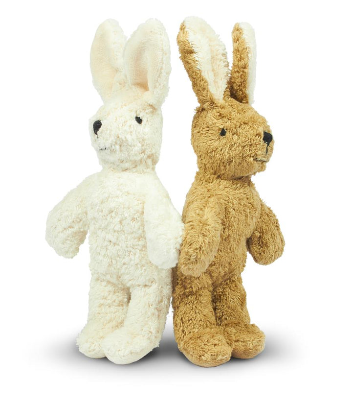 Two soft toy plush rabbit bunny white beige and brown standing